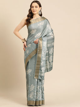 Silk Land - Grey Soft Silk Digital Floral Printed Zari Border Saree with Unstitched Blouse