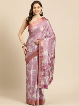 Silk Land - Purple Soft Silk Digital Floral Printed Zari Border Saree with Unstitched Blouse