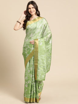 Silk Land - Green Digital Floral Printed Soft Silk Zari Saree with Unstitched Blouse