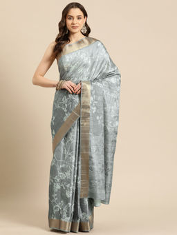 Silk Land - Grey Digital Floral Printed Soft Silk Zari Saree with Unstitched Blouse