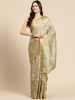 Silk Land - Olive Digital Floral Printed Soft Silk Zari Saree with Unstitched Blouse
