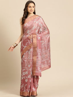 Silk Land - Peach Digital Floral Printed Soft Silk Zari Saree with Unstitched Blouse