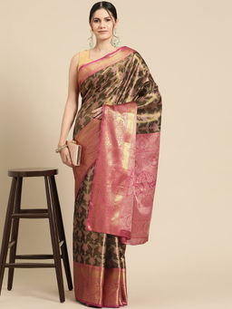 Silk Land - Olive Banarasi Silk Zari Woven Brocade Saree with Unstitched Blouse