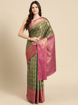 Silk Land - Green Banarasi Silk Zari Woven Brocade Saree with Unstitched Blouse