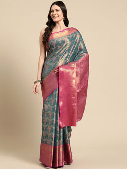 Silk Land - Teal Banarasi Silk Zari Woven Brocade Saree with Unstitched Blouse