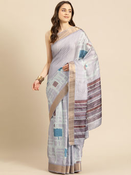 Silk Land - Lavender Colorblock Print Soft Silk Zari Saree with Unstitched Blouse