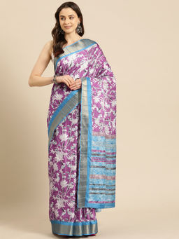 Silk Land - Purple Floral Print Soft Silk Zari Saree with Unstitched Blouse
