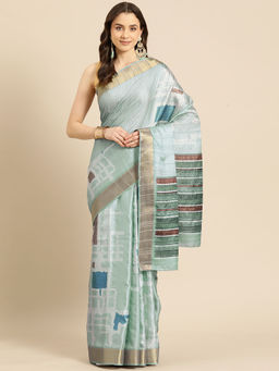 Silk Land - Turquoise Colorblock Print Soft Silk Zari Saree with Unstitched Blouse