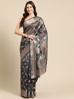 Silk Land - Grey Banarasi Organza Silk Zari Woven Saree with Unstitched Blouse