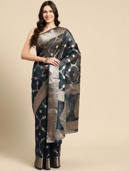 Silk Land - Teal Banarasi Organza Silk Zari Woven Saree with Unstitched Blouse