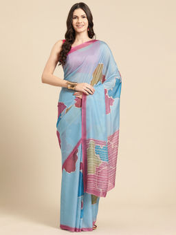 Silk Land - Blue Soft Silk Color Blocked Digital Printed Saree with Unstitched Blouse