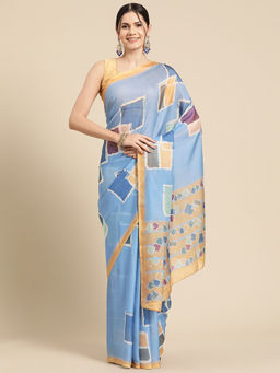 Silk Land - Blue Soft Silk Color Blocked Digital Printed Saree with Unstitched Blouse