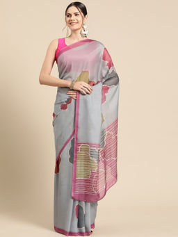 Silk Land - Grey Soft Silk Color Blocked Digital Printed Saree with Unstitched Blouse