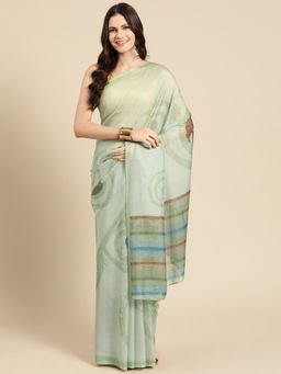 Silk Land - Green Soft Silk Digital Printed Saree with Unstitched Blouse