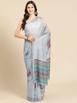 Silk Land - Grey Soft Silk Digital Printed Saree with Unstitched Blouse