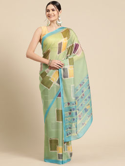 Silk Land - Olive Soft Silk Color Blocked Digital Printed Saree with Unstitched Blouse