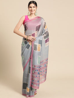 Silk Land - Grey Soft Silk Color Blocked Digital Printed Saree with Unstitched Blouse