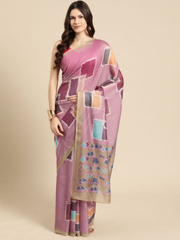 Silk Land - Pink Soft Silk Color Blocked Digital Printed Saree with Unstitched Blouse