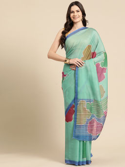 Silk Land - Green Soft Silk Color Blocked Digital Printed Saree with Unstitched Blouse
