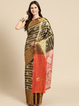 Silk Land - Olive Silk Zari Work Ethnic Motifs Brocade Saree with Unstitched Blouse