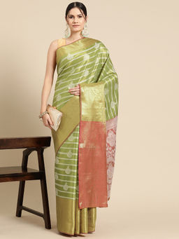 Silk Land - Green Silk Zari Work Ethnic Motifs Brocade Saree with Unstitched Blouse