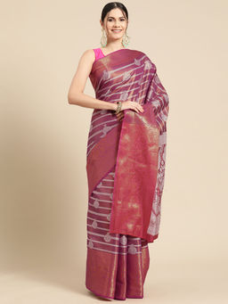 Silk Land - Pink Silk Zari Work Ethnic Motifs Brocade Saree with Unstitched Blouse