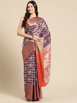 Silk Land - Purple Silk Zari Work Ethnic Motifs Brocade Saree with Unstitched Blouse