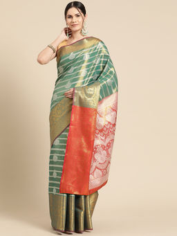 Silk Land - Teal Silk Zari Work Ethnic Motifs Brocade Saree with Unstitched Blouse