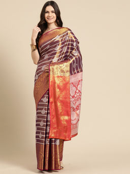 Silk Land - Wine Silk Zari Work Ethnic Motifs Brocade Saree with Unstitched Blouse