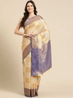 Silk Land - Beige Tussare Silk Ethnics Motifs Saree with Unstitched Blouse