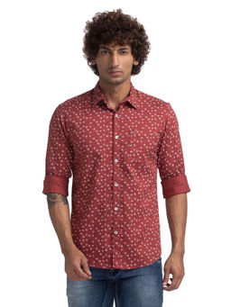 Parx - Slim Fit Printed Dark Red Shirt