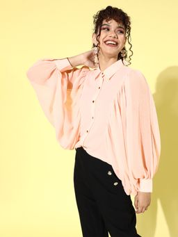 KASSUALLY - Peach Solid Batwing Sleeves Shirt