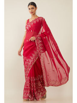 Soch - Magenta Poly Georgette Ethnic Motifs Embroidered Saree with Unstitched