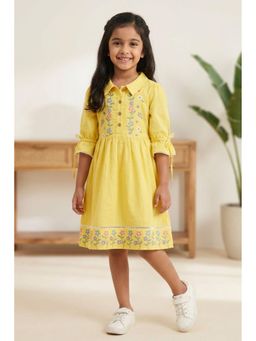 Lagorii - Bright Yellow Floral Embroidered Cotton Dress With Puff Sleeves