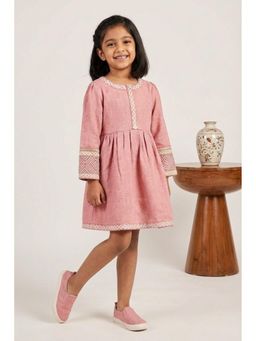 Lagorii - Baby Pink Textured Cotton Dress With Embroidered Border