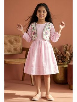 Lagorii - Casual Blush Pink Cotton Dress With Embroidered Jacket