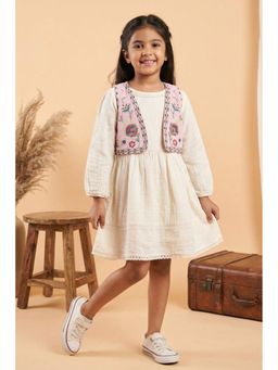 Lagorii - Casual White Cotton Dress With Embroidered Jacket