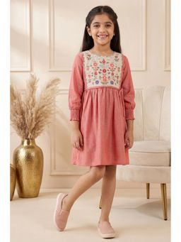 Lagorii - Rust Red Cotton Dress With Multicolor Floral Embroidered Yoke