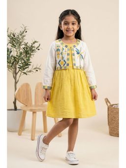 Lagorii - Mustard Yellow And Ivory Embroidered Dress With Cropped Jacket