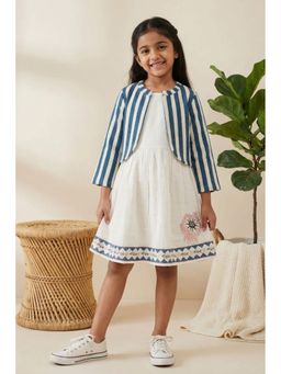 Lagorii - Casual Cream Dress And Teal Striped Jacket