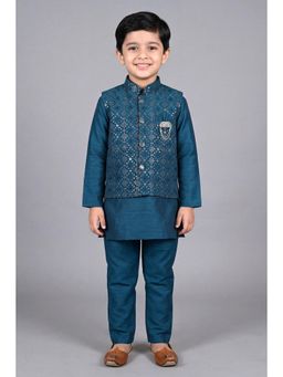 BT DEZINES - Boys Teal Blue Cotton Silk Kurta Pyjama With Waistcoat