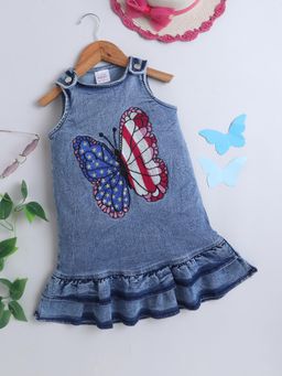 Bright Star Kids Wear - Girls Denim Singlet A-Line Dress With Butterfly Embroider Dress