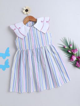 Bright Star Kids Wear - Girls Striped Printed Cotton Dress With Scalloped Collar