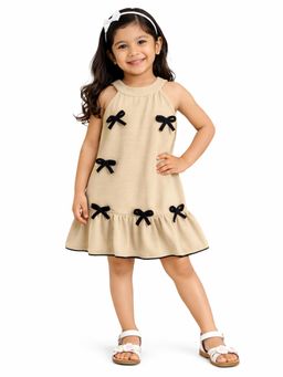 Bright Star Kids Wear - Girls Textured Dress With Contrast Bow Applique For Summer Beige