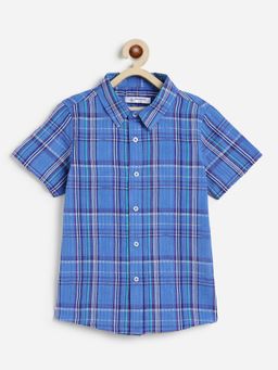 Campana - Boys Pure Cotton Short Sleeves Checked Cotton Shirt - Blue And Green