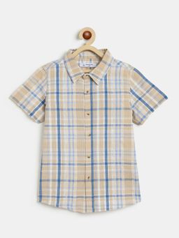 Campana - Boys Pure Cotton Short Sleeves Checked Cotton Shirt - Beige And Blue