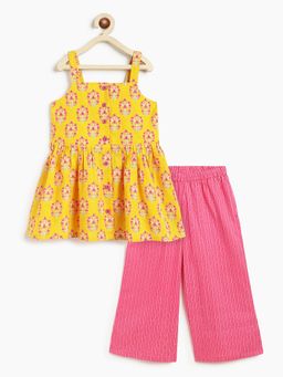 Campana - Girls Udita Pure Cotton Printed Kurti With Palazzo - Yellow And Pink