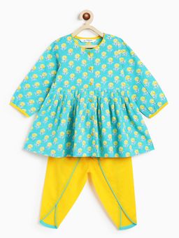 Campana - Girls Asmi Pure Cotton Floral Print Kurta With Dhoti Pants - Turquoise