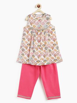 Campana - Girls Pure Cotton Block Printed Kurta With Pants - White And Pink
