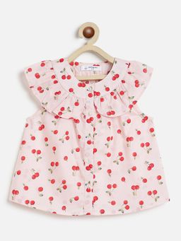 Campana - Girls Frill Yoke Pure Cotton Printed Top - Light Pink